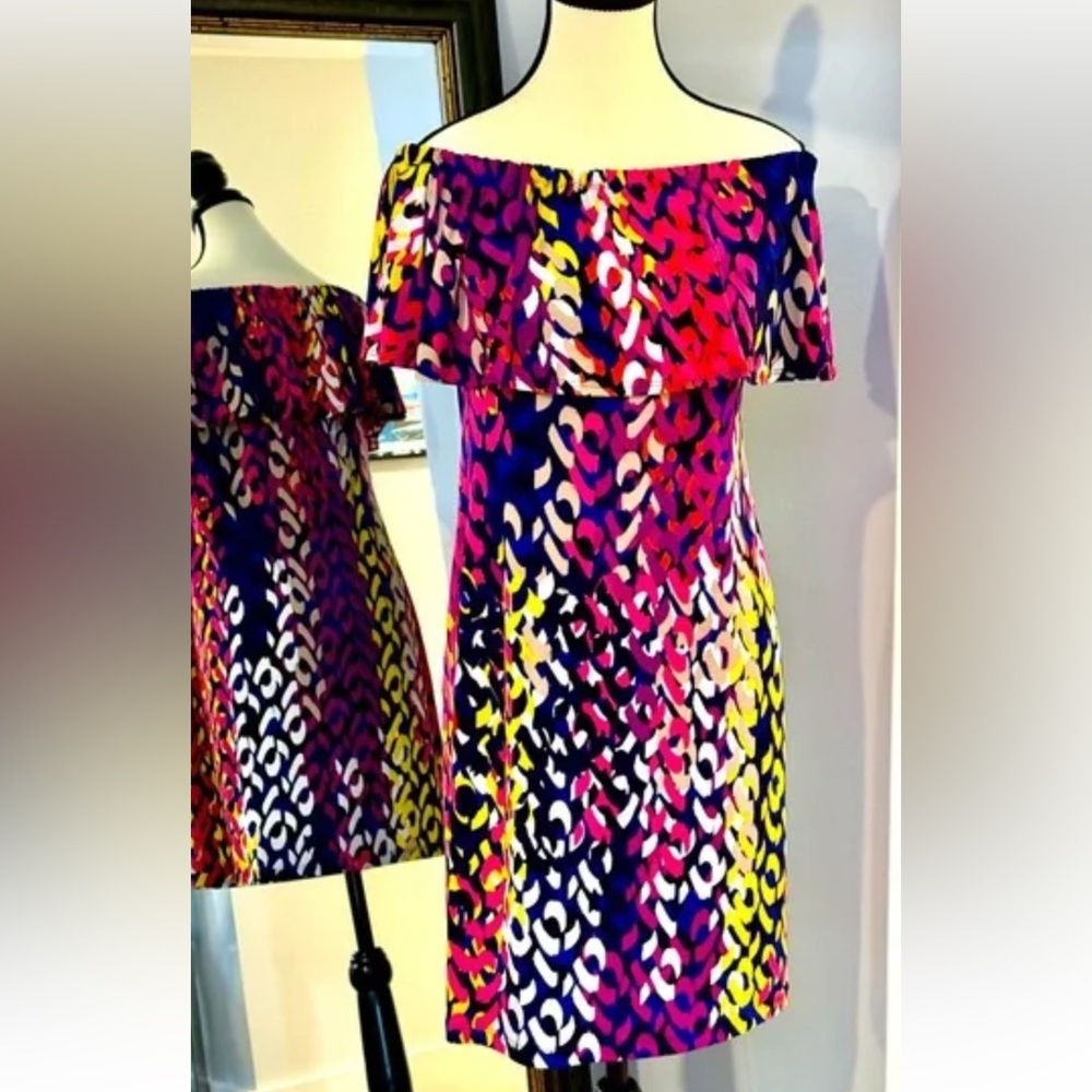 Trina Turk multicolor geometric off-the-shoulder mini dress. Sizes